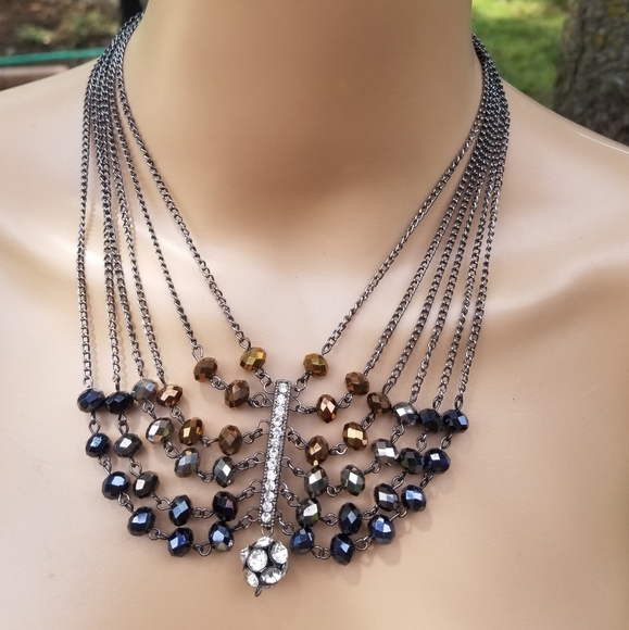 ALI-KAHN NEW YORK OMBRE CRYSTAL BEAD & SILVERTONE CHAIN CHANDELIER STYLE NECKLAC - Picture 1 of 7